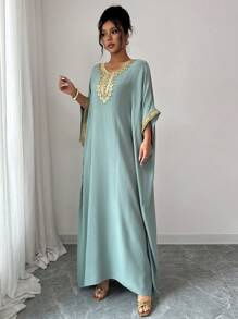 Elenzga 女式蝙蝠袖 V 领直筒连衣裙（带装饰贴片）