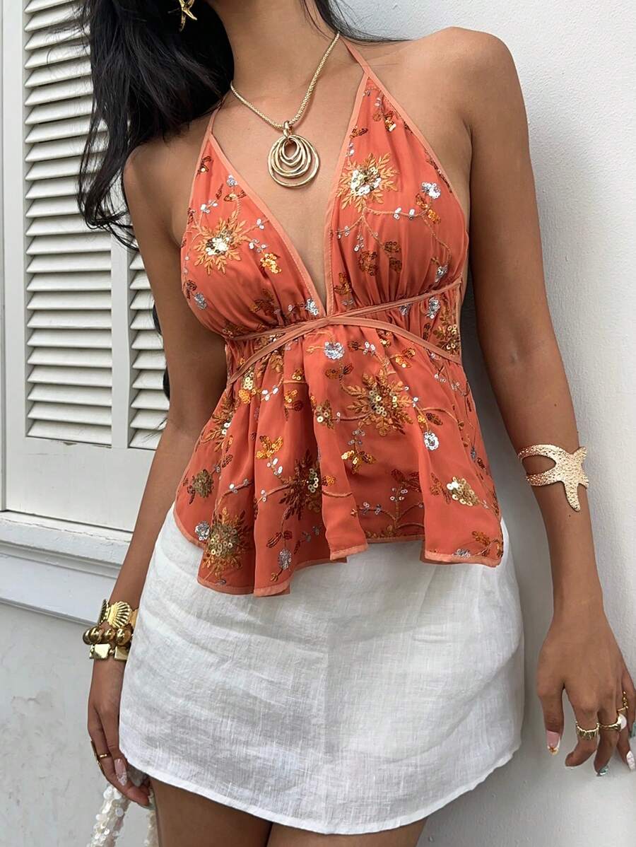 Sunnyshic Áo hở lưng thêu sequin Criss-Cross Romantic Vacation - Nhiều màu - Xem 1