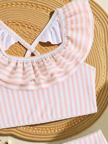 Bikini a maglia a righe e blocchi di colore per ragazze giovani, costume da bagno a due pezzi con parte superiore con volant, alla moda ed elegante per nuotare, vacanza, estate
