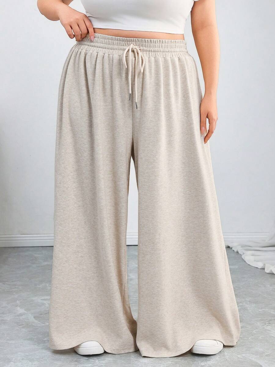 SHEIN CURVE+ CURVE 加大码女式纯色抽绳腰阔腿休闲运动裤夏季/乡村/海滩度假装/沙滩装/沙滩装 - 杏色 - 查看 1