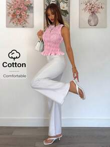 Siren Gaze 女士撞色荷叶边下摆无袖圆领夏季上衣 粉色条纹上衣 棉质上衣 粉色夏季上衣 棉质上衣 粉色上衣 粉色上衣 褶皱上衣 - 粉色 - 查看 4