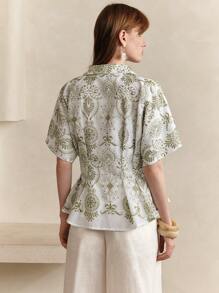 Arave Áo sơ mi nữ thêu hoa, cài cúc, eo thon, tay cánh dơi, cổ bẻ, kiểu dáng thường ngày, tay ngắn, áo kiểu nữ, áo công sở, áo giáo viên, áo sơ mi giáo viên, áo trắng, áo đi chơi nữ mùa thu thu - màu xanh lá - Xem 4