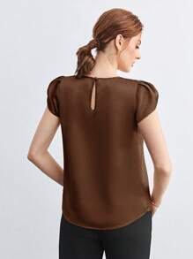 BizChic 女士纯色圆领褶饰蝙蝠袖宽松休闲衬衫，基本款都市通勤简约优雅别致商务休闲装，适合教师、办公室 - 棕色 - 查看 3