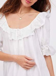 WESTFADE Textured Woven & Floral Eyelet Ruffle Scoop Neck Short Puff Sleeve Cute Bow Tie Mini Summer Sun Dress - White - View 5