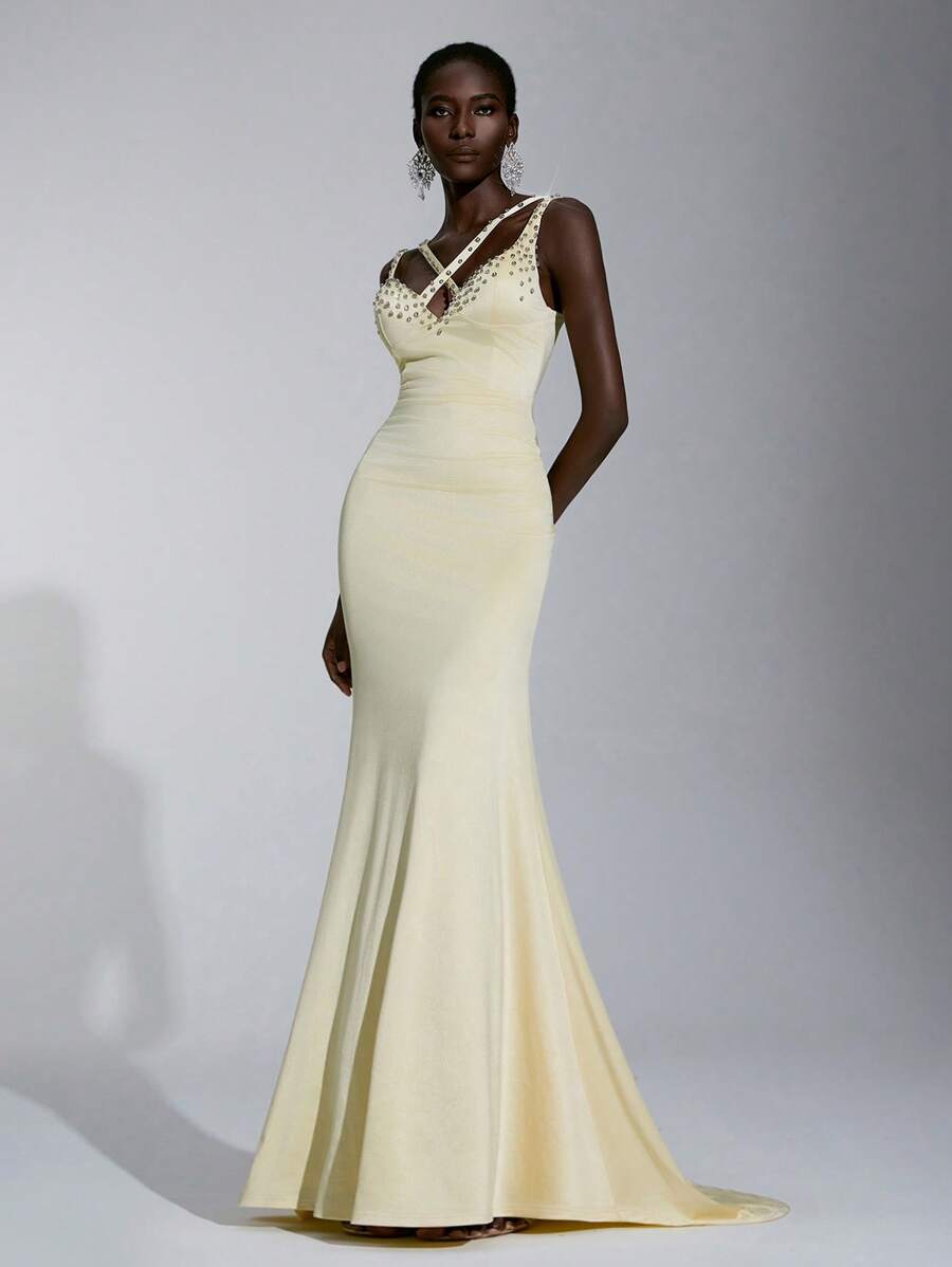 Glamrae 优雅奢华的浅黄色 V 领高腰美人鱼晚礼服，手工缝制钻石细节，正式场合礼服 - 淡黃色 - 查看 1