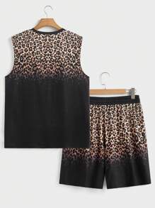 Manfinity VCAY 2 件套男士渐变色豹纹无袖背心套装，休闲夏季套装 - 黑色 - 查看 3