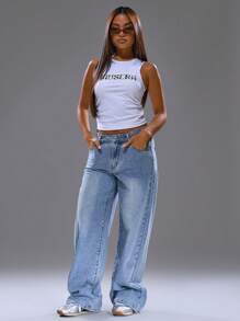 MUSERA Top de tirantes con estampado de parche gráfico, ropa urbana estilo Y2K, chica cool, musa de la ciudad, otoño, vuelta al cole