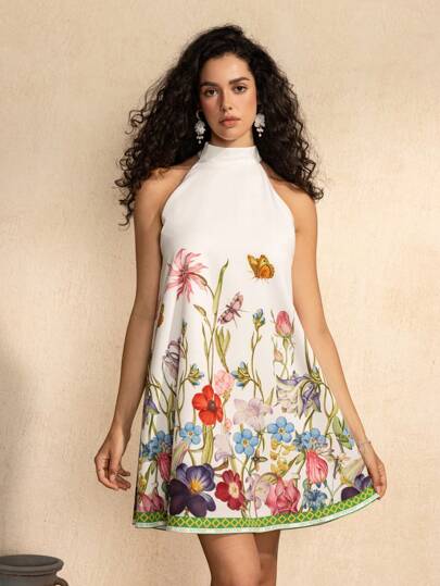 SHEIN Touch of Art Joris Hoefnagel Women Floral Pattern Elegant Sleeveless Mid-Length Dress, Summer