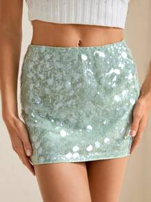 SHEIN Tall Women's Solid Color Elegant Sequin Embellished Green Mini Skirt For Party - Mint Green - View 5