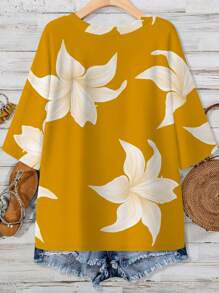 SHEIN LUNE Yellow Floral Print Casual Plus Size T-Shirt For Plus Size, Suitable For Summer Suitable For Going Out - Multicolor - View 2