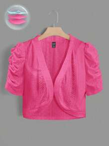 SHEIN Clasi Plus Size Fashionable Elegant White Lace Short Sleeve Cropped Front Open Jacket - Hot Pink - View 3