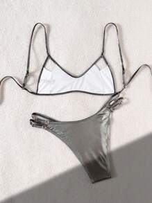 Swim SXY 2pc Solid Color Metallic Series: Plunging V-Neck Hollow-Out Top With Criss-Cross Back Tie Up, High Slit Low Waist Hollow-Out Shorts With Side Drawstrings, Sexy And Bold Beach Party Bikini Set For Women