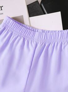 SHEIN 女婴白色纯色提花纹理面料圆领无袖短款褶皱吊带背心，彩色波尔卡圆点印花，搭配粉色松紧腰紫色短裤，舒适优雅的假日休闲春夏装 - 淡紫色 - 查看 4