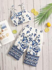 SHEIN Leap Crew 嬰兒女孩花卉印花打結肩帶背心上衣和褲子