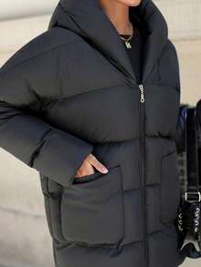 EURMUSE Petite Zip Up Hooded Padded Coat With Two Pockets ,Petite Women - Black - View 7