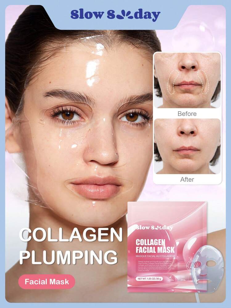 Mascarilla facial de colágeno SlowSunday, hidratante y nutritiva, calma la piel, máscara de hidrogel, K-Beauty, cuidado de la piel, Y2K, ideal para fiestas, apta para el verano - Blanco - Añade 1
