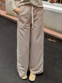 DAZY Quần dài ống rộng kẻ sọc có dây rút dành cho nữ, kiểu dáng kín đáo, thích hợp cho kỳ nghỉ. - màu nâu - Xem 4