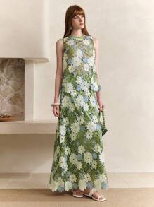 Zanirela Falda larga de línea A con elegante encaje azul bordado de alta gama, estilo para vacaciones - Verde - Ver 6