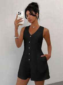 Rafferiza 女式 V 领收腰 A 字连体裤，休闲优雅简约风格 - 黑色 - 查看 1