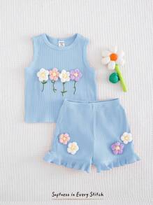 Cozy Pixies Baby Girl 3D Floral Round Neck Sleeveless Pullover Top And Elastic Waist Shorts 2pcs Set