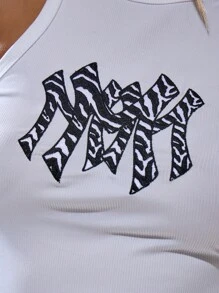 MUSERA 圆领修身印花背心，街头风 Y2K 酷女孩可爱都市缪斯休闲秋季返校季印花T恤，优雅春夏假日款 - 白色 - 查看 6
