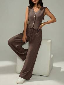 SHEIN PETITE Bộ đồ thường ngày 2 món áo vest và quần một hàng khuy đơn màu trơn dành cho nữ, mùa hè - Màu nâu Sô-cô-la - Xem 5