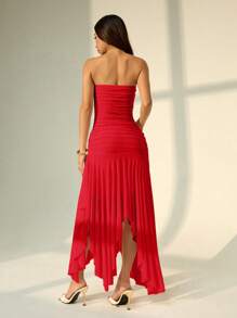 SHEIN PETITE Váy xòe không dây viền bất đối xứng dành cho nữ, phù hợp cho mùa hẹn hò và mùa cưới, váy mùa hè dành cho nữ - Đỏ - Xem 2