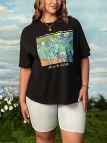 SHEIN Touch of Art 梵高鸢尾花图案T恤，加大码花卉字母图案圆领短袖T恤，女士图案T恤，加大码图案T恤，宽松图案T恤，女士街头服饰，夏季女装，可爱夏季上衣，加大码夏季T恤 - 黑色 - 查看 2