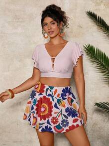 Travachic 大码女式V领印花比基尼套装，海滩度假泳装 - 彩色 - 查看 6