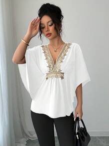 Selianne 女式蕾丝装饰蝙蝠袖衬衫 - 花卉图案随机 - 白色 - 查看 4