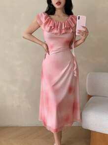 Modelyn Women's Sheer Floral Print Ruffle Hem Summer Dress - Pink - View 5