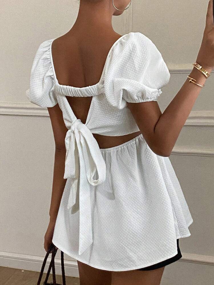 Summer Vacation Style Backless Tie-Strap Puff Sleeve Blouse For Women,Babydoll Top