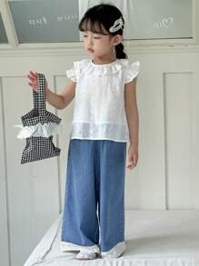 DAZY Bộ 2 món/Bộ áo ren không tay mùa hè cho bé gái và quần denim thường ngày - Rửa trung bình - Xem 7