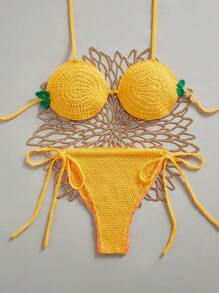 Swim Mod Women Vacation Crochet Halter Neck Top And Triangle Bikini 2-Piece Swimsuit Set For Summer - Multicolor - View 1