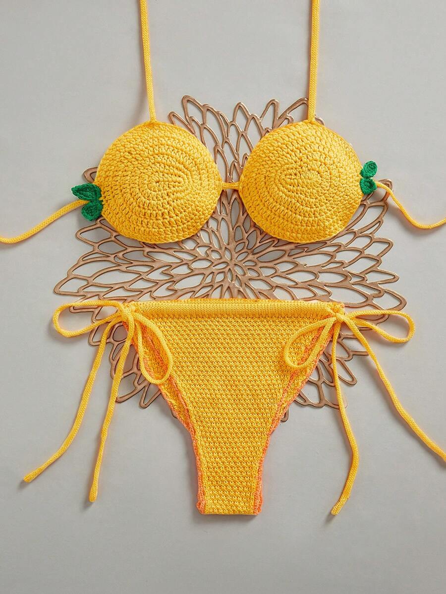 Swim Mod Women Vacation Crochet Halter Neck Top And Triangle Bikini 2-Piece Swimsuit Set For Summer - Multicolor - View 1