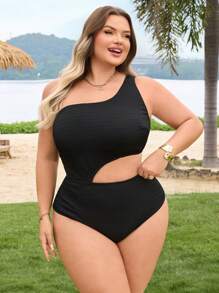 SHEIN CURVE+ Plus Size Women One-Piece High Elasticity Fabric Solid Color Sexy Elegant Beach/Pool Swimsuit For Summer Beach Vacation - Black - View 4