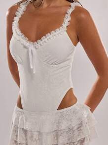 SHEIN BAE Eleganter einteiliger Damenbadeanzug aus Spitze in Unifarbe, Outfit für Pool-Partys, Urlaubsoutfit für die Insel, Badeanzug, Bademode für Damen, Strandoutfit für Frauen, Einteiler, Strand, Urlaubsoutfits für Damen, Strandüberwürfe, Strandrock, Badeanzug mit hoher Taille, komplett in Weiß