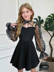 SHEIN Vestido de mangas largas con volantes en la cintura, con estampado de lunares, parche de malla y unicolor para niña preadolescente, adecuado para Navidad, fiestas, Año Nuevo, temporada de graduación, vestido negro, Acción de Gracias. - Negro - Ver 3