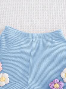Cozy Pixies Baby Girl 3D Floral Round Neck Sleeveless Pullover Top And Elastic Waist Shorts 2pcs Set
