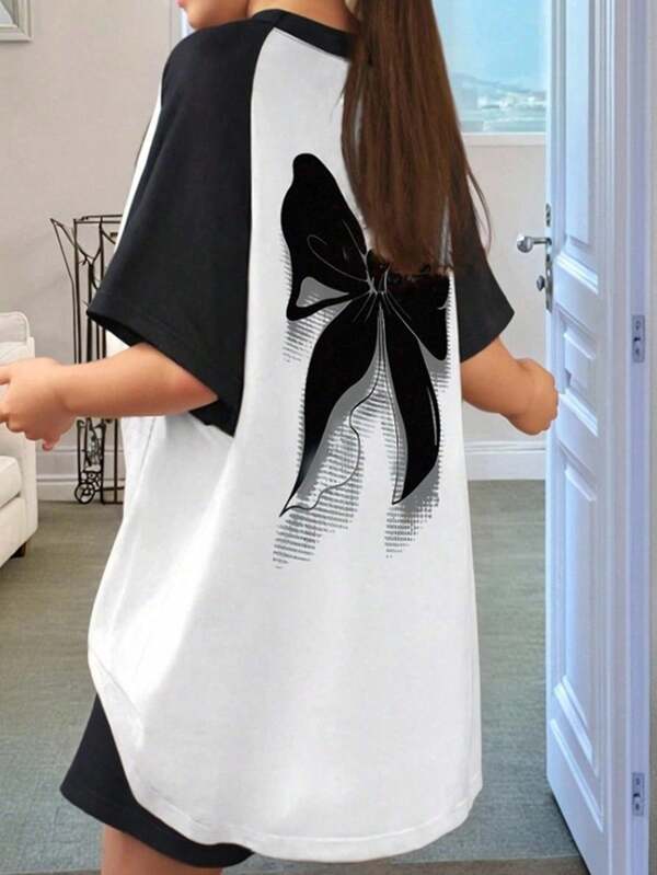 T-shirt à manches courtes raglan avec grand nœud imprimé, décontracté et élégant pour fille