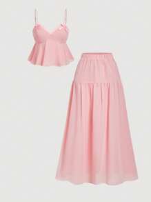 SHEIN MOD Bộ đồ hai mảnh vải chiffon màu hồng dành cho nữ mặc hàng ngày, Bộ đồ 2 món dành cho nữ, Bộ đồ mùa hè, Phong cách Boho, Kỳ nghỉ, Bãi biển, Bộ đồ hai mảnh đi nghỉ mát thư giãn, Trang phục ăn trưa cho nữ, Fairycore, Thanh lịch - Hồng - Xem 1