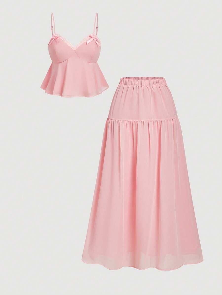 SHEIN MOD Bộ đồ hai mảnh vải chiffon màu hồng dành cho nữ mặc hàng ngày, Bộ đồ 2 món dành cho nữ, Bộ đồ mùa hè, Phong cách Boho, Kỳ nghỉ, Bãi biển, Bộ đồ hai mảnh đi nghỉ mát thư giãn, Trang phục ăn trưa cho nữ, Fairycore, Thanh lịch - Hồng - Xem 1