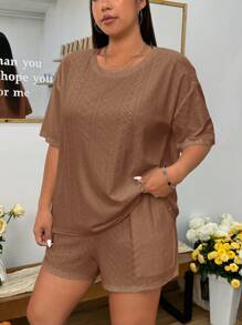 SHEIN EZwear 2pcs/Set Plus Size Brown Embroidered Round Neck Short Sleeve Top & Shorts,Two Piece Set Women,Back To School - Brown - View 5