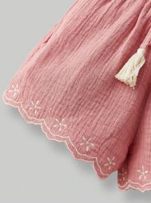 Ontre Young Girl Tassel Decor Floral Pattern Shorts - Rust Brown - View 4