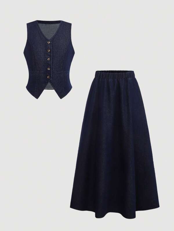 SHEIN Girlism 2 Stücke/Set Mädchen & Teenager Mädchen feste verwaschenene elegante Denim Lässig anzug ärmellose V-Ausschnitt Weste und plissierter Maxirock, geeignet für den täglichen Gebrauch, Reisen und Urlaub, Schulrückkehr Outfits