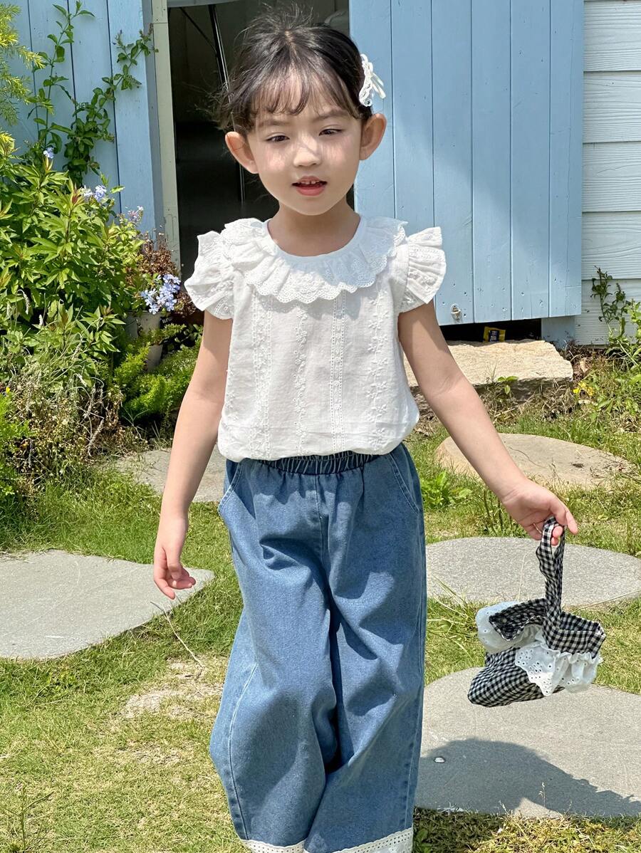 DAZY Bộ 2 món/Bộ áo ren không tay mùa hè cho bé gái và quần denim thường ngày - Rửa trung bình - Xem 1