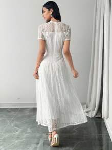 Modelyn Women's Floral Lace Decor Short Sleeve Elegant Mid-Length White Dress - White - View 4