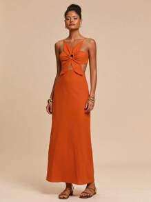 Travachic 度假休闲花瓣露背吊带连衣裙，立体花朵，度假风格，女士度假服装，女士度假服装，海滩度假服装，女士夏季服装，女士夏季连衣裙，女士连衣裙，夏季连衣裙 - 橘色 - 查看 3