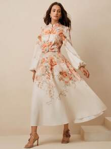 Anewsta Vestido elegante de verano y primavera para vacaciones en la playa, de alta gama, con cuello alto de botones, lazo en la cintura, y mangas farol para mujer