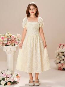 Tween Girl Woven Square Neck Puff Sleeve Fitting Elegant Dress - Beige - View 3